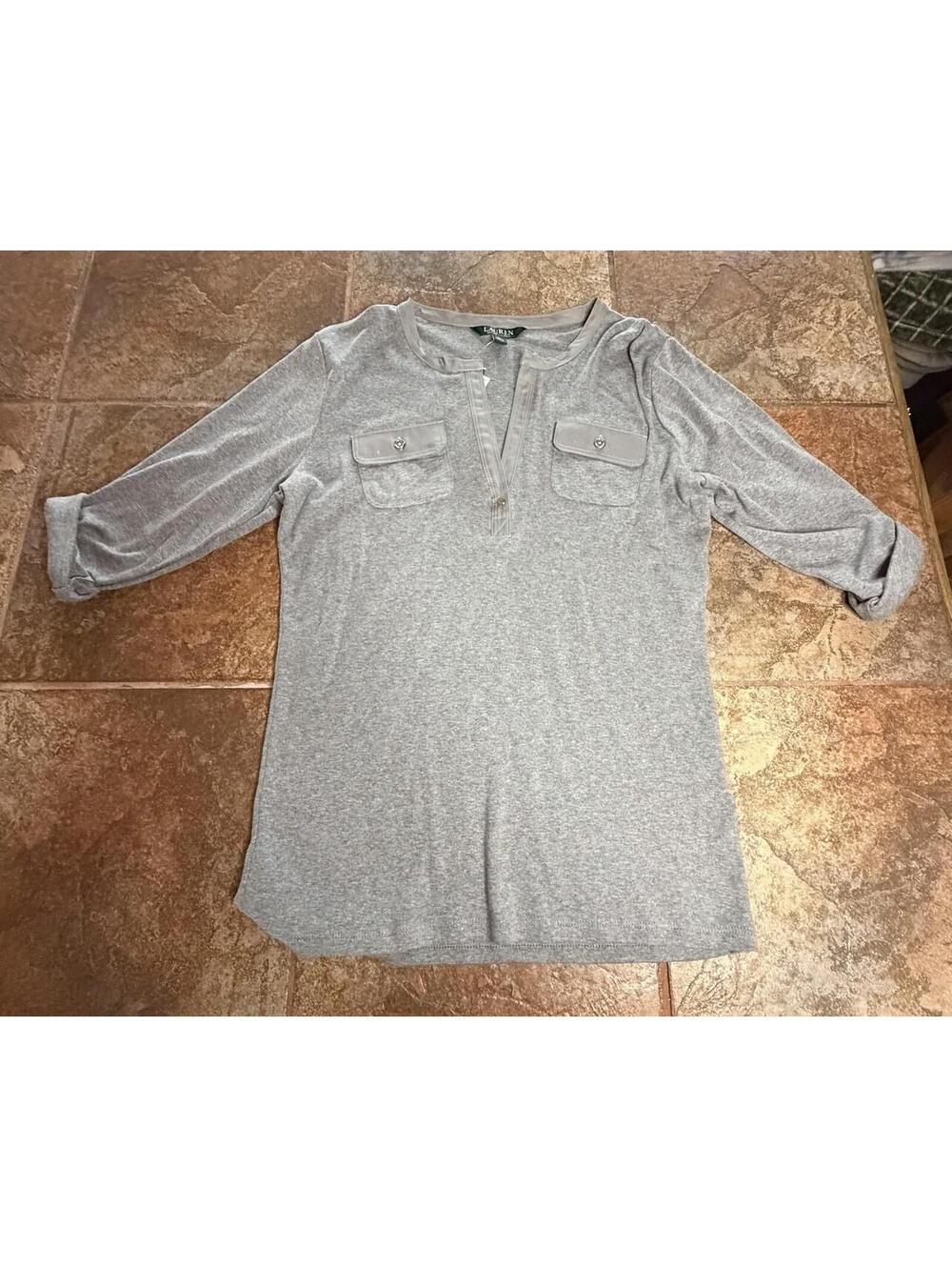 Lauren Ralph Lauren Grey Long Sleeve Top with Pockets, Size Medium NWT
